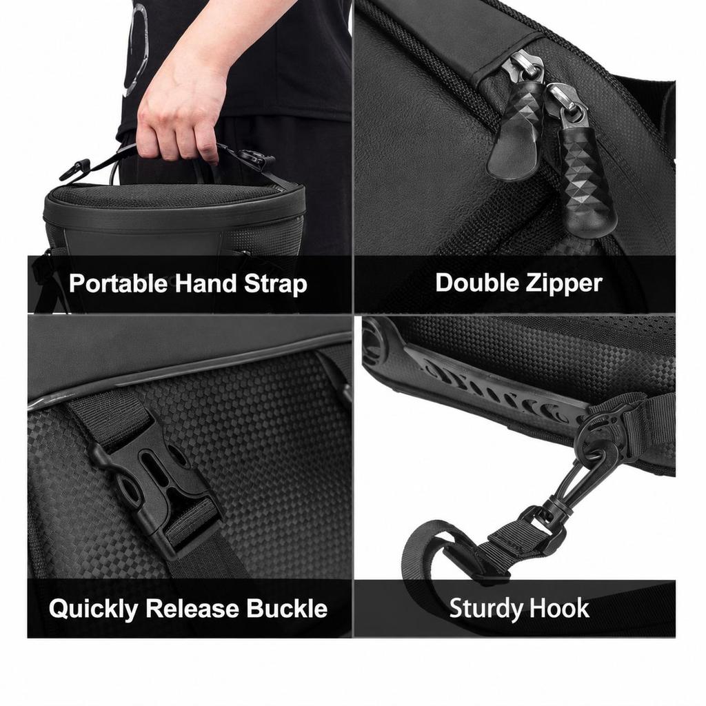 Motorcycle Tail Bag 10L Waterproof PU Leather Black Rear Seat Tank Handbag with Shoulder Strap