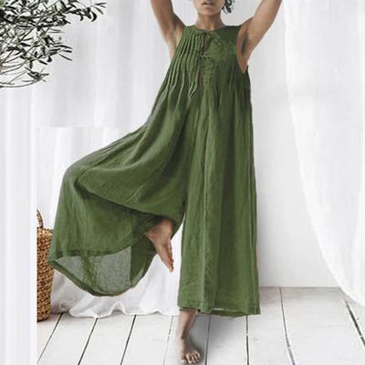 O-nyakú, ujjatlan elöl fűzős, vékony női jumpsuit Vintage egyszínű, redőzött, széles lábú játszóruha