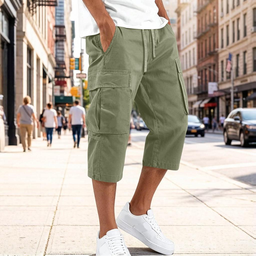 Men's Cargo Work Pants Drawstring Waist Multi Pocket Casual Capri Pants Three Quarter Length Durable Fabric Relaxed Fit