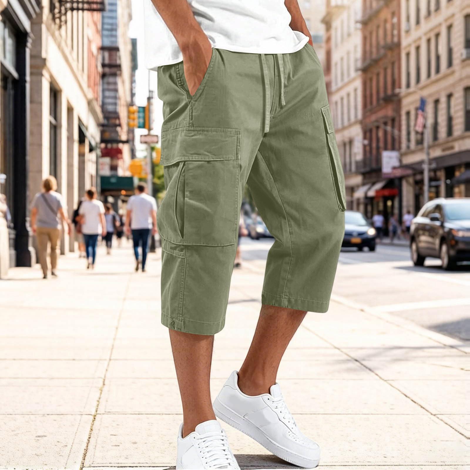 Xingben Six Heren Cargo Werkbroek Trekkoord Taille Meerdere Zakken Casual Capri Broek Driekwart Lengte Duurzaam Stof Ontspannen Pasvorm L groen