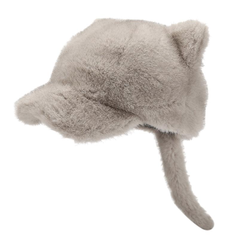 Furry Baseball Hat with Furry Tail Running Hat Plush Cats Ear Winter Warm Hat for Women Teens Winter Outdoor Sport светло-серый