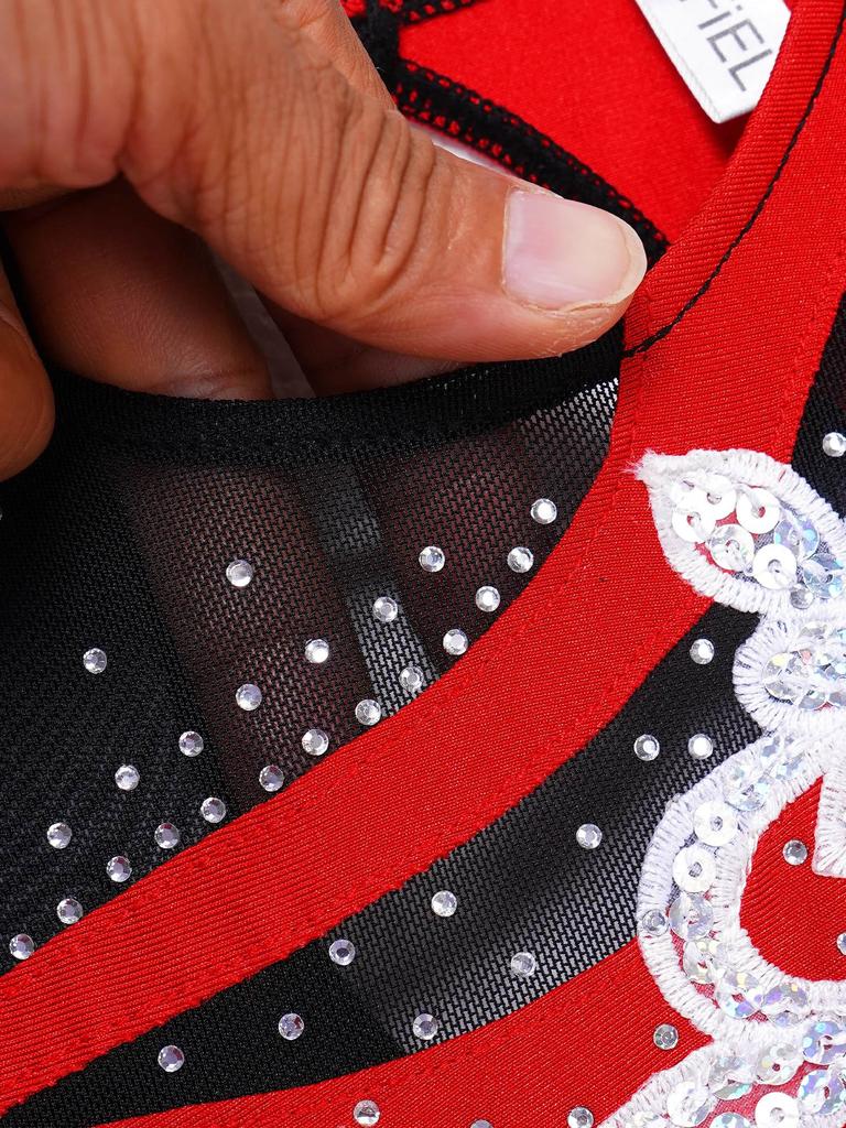 Mädchen Glänzendes Strass Hohlrücken Tanzkleid Langarm Rundhalsausschnitt Blume Verziert Patchwork Eiskunstlauf Aufführungskostüm