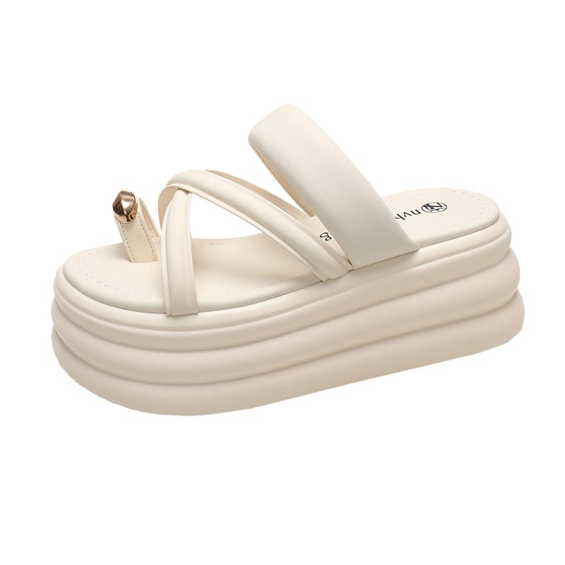 

Повседневные пляжные тапочки на танкетке для женщин, новые летние нескользящие сандалии на платформе, женские открытые удобные шлепанцы с застежкой-липучкой 35 бежевый