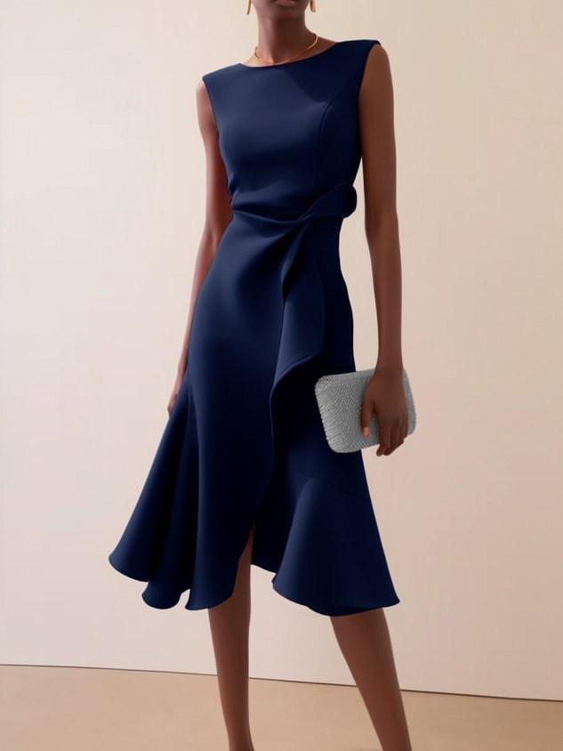 Elegant Red Sleeveless Dress With Ruched Polyester Fabric For Business And Party Wear