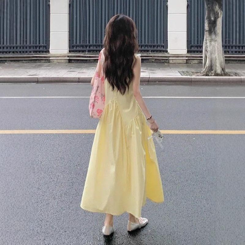 French Gentle Wind Yellow Sleeveless Vest Dress Women's Summer Dopamine Seaside Vacation Waist Skinny Skirt