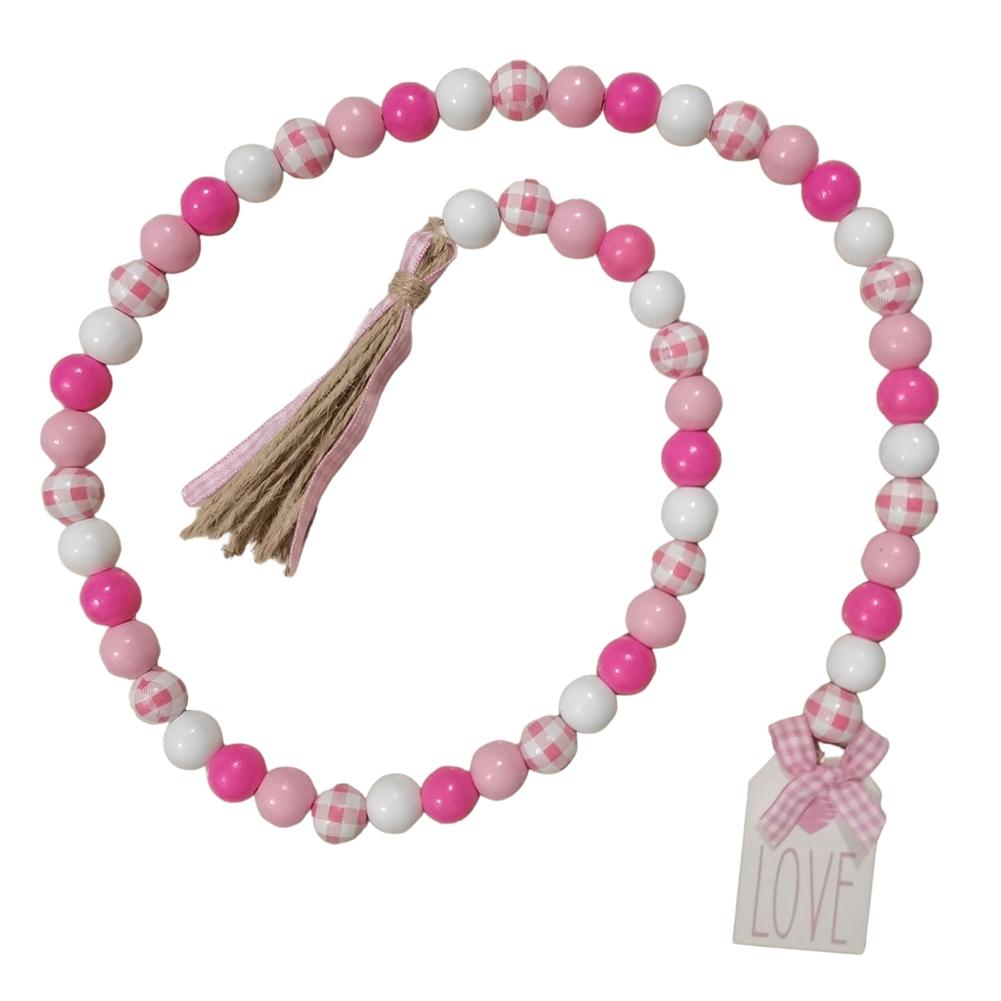 Love Wood Beads Garland Valentine’s Day Tiered Tray Decors Beaded Garland with Tassels Pendant Party Home Decoration Accessories