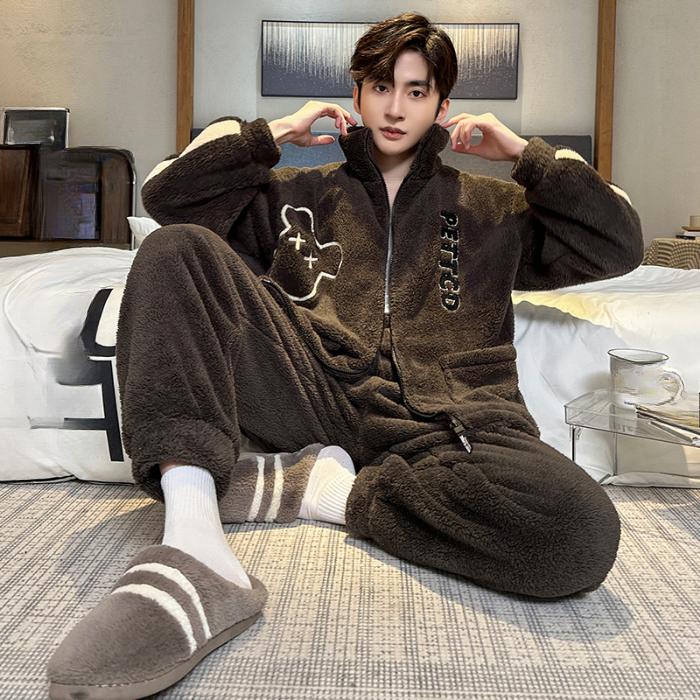 Autumn Winter Coral Fleece Men's Pajamas Set Thicken Flannel Warm Sleepwear Young Boy Loose Zipper Soft Pajama Fashion Cartoon Men Pyjama Home Wear