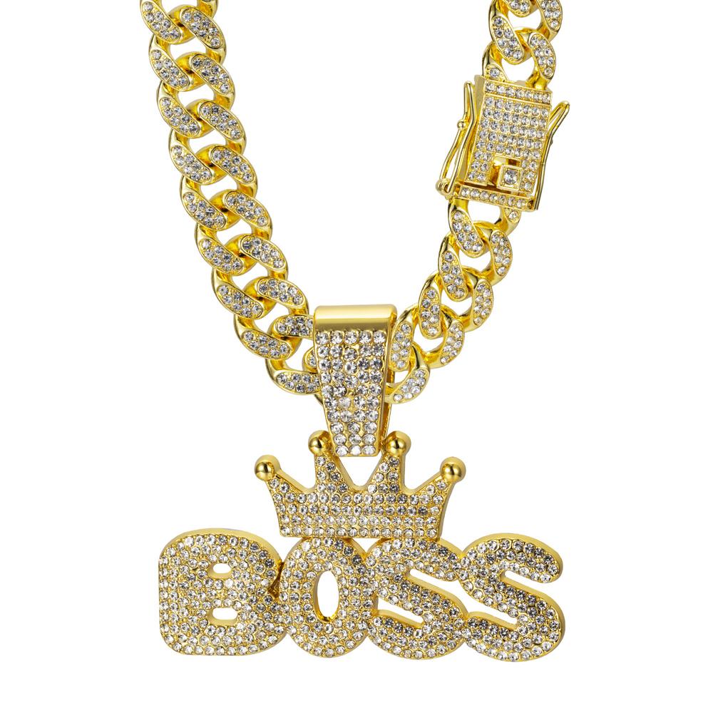 Herren Cool Hip-Hop Strass Buchstaben BOSS Anhänger Halskette, Für Herren Mode Iced Out Bling Zirkon Kubanische Dicke Kette Punk Schmuck beige