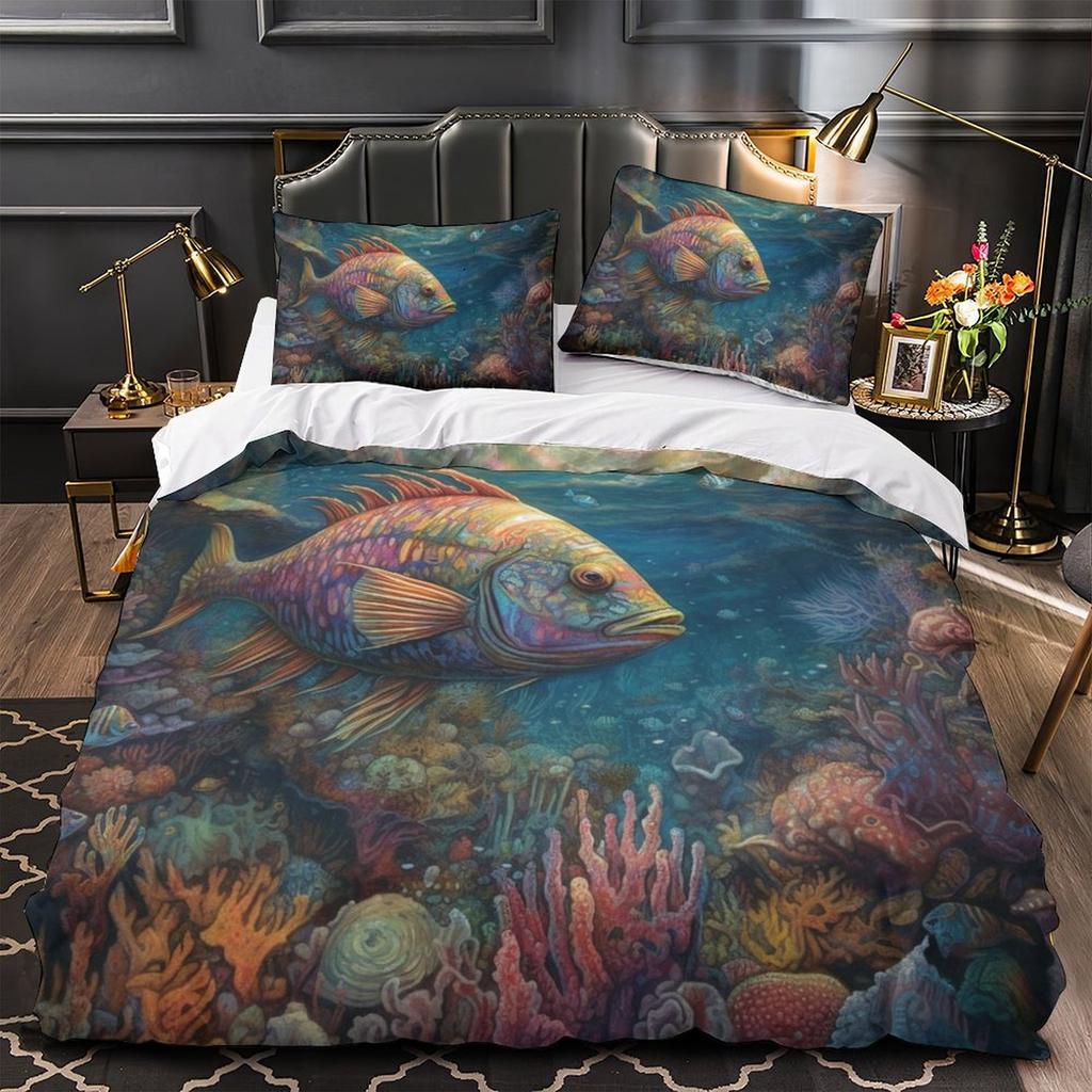 3D Digitaldruck Farbe Fisch Serie Bettbezug Kissenbezug Zwei- oder Dreiteiliges Set Polyester Schleifen