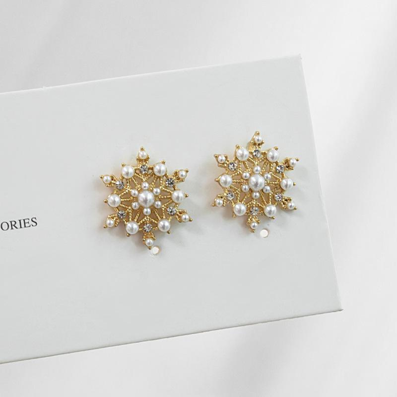 925 Silver Needle Flash Diamond Snowflake Pearl Stud Earrings, Korean Exquisite Internet Celebrity French Light Luxury Elegant Charming 
