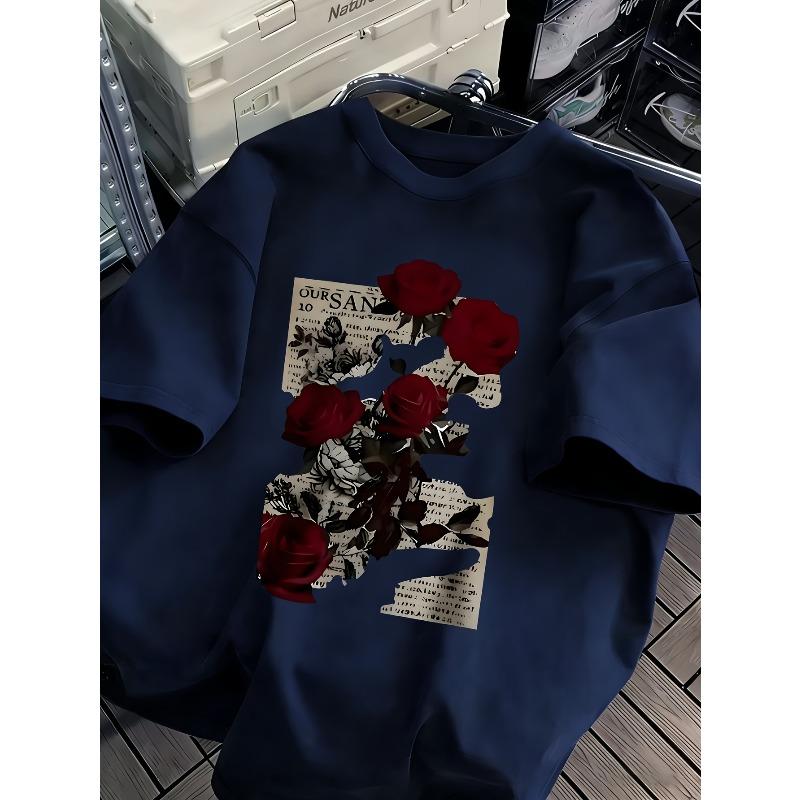 Europäische Größen Rosenblüten, Vintage Stil Übergröße Herren-T-Shirt, Humorvolles und Lustiges Grafikdesign, Modisches Übergröße Herren-T-Shirt