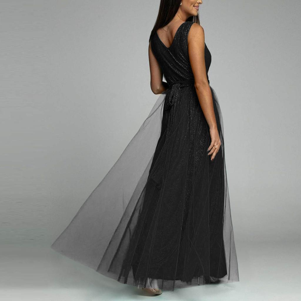 Dámské sexy dlouhé šaty s výstřihem do V a vysokým pasem, jednobarevné lesklé šaty