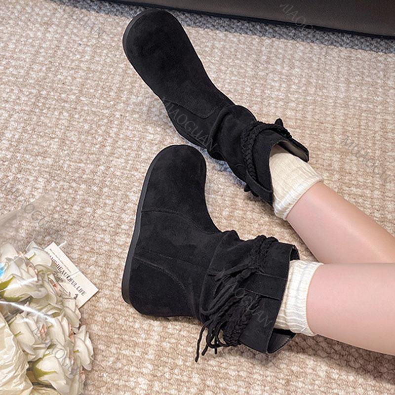 Fashion Short Boots Women's 2025 Autumn New Vintage Suede Casual Botas for Women Solid Tassel Flat Bottom Females Shoes Solid Botines