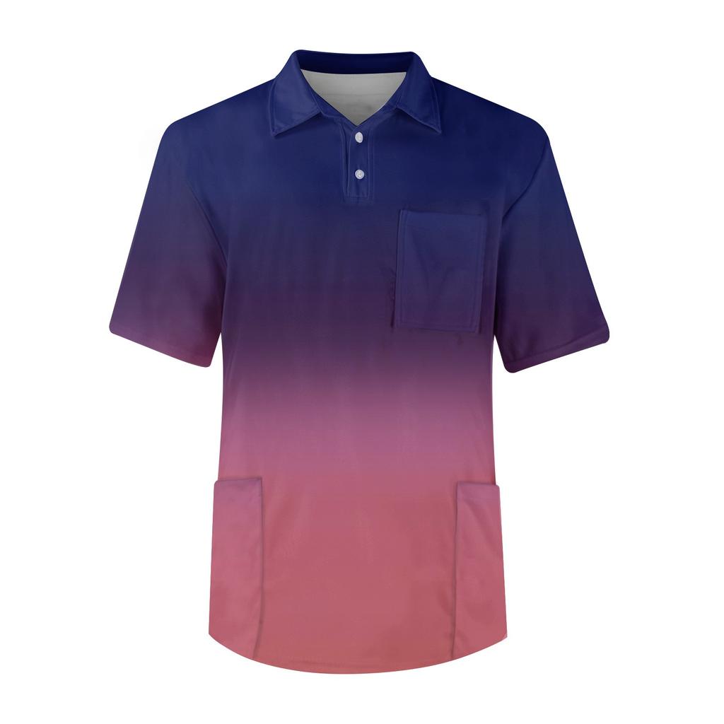 Men's Short Sleeve Button Lapel Gradient Printing Chest Pocket Dry-nurse Top