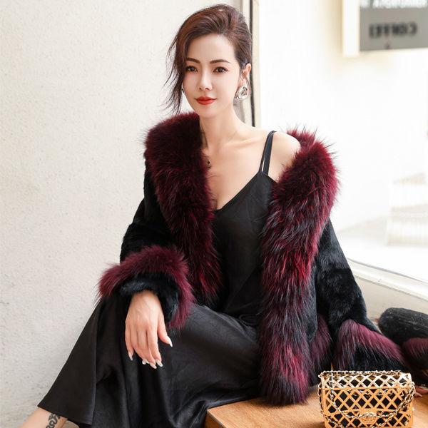 Fur Mid-length Whole Leather Rabbit Fur Coat White Goose Down Lining Raccoon Fur Collar New Autumn and Winter Coat