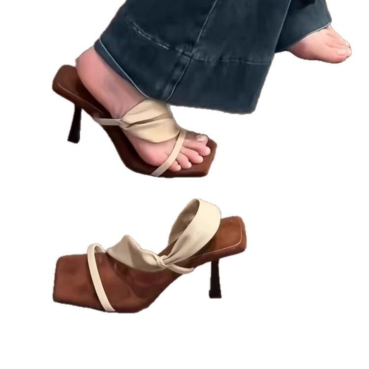2025 summer new niche design square head large size with thin heel temperament elegant intellectual high heel sandals women