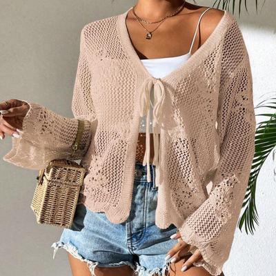 Cross-border Amazon Europe and America Hollow Summer Knitted Cardigan Women's Beach Knitted Sweater Long-sleeved Bow Knitted Cardigan