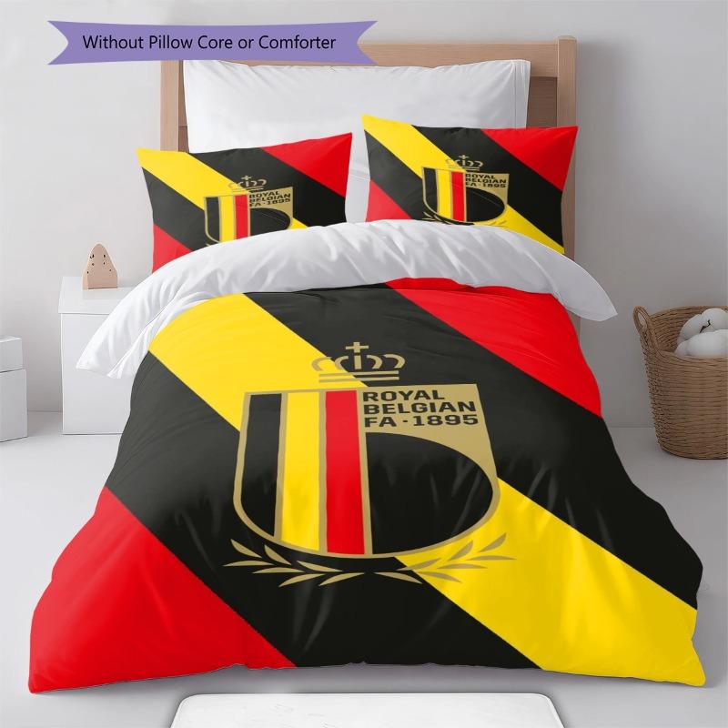 Royal Belgian FA Crest Red Yellow Black Diagonal Stripe Print 3Pcs Duvet Cover Set Belgium Football Bedding Bedroom Decor No Pillow Core Comforter