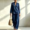 Women's 2-Piece Set, V-Neck Long Sleeve Top and Wide Leg Pants Outfit