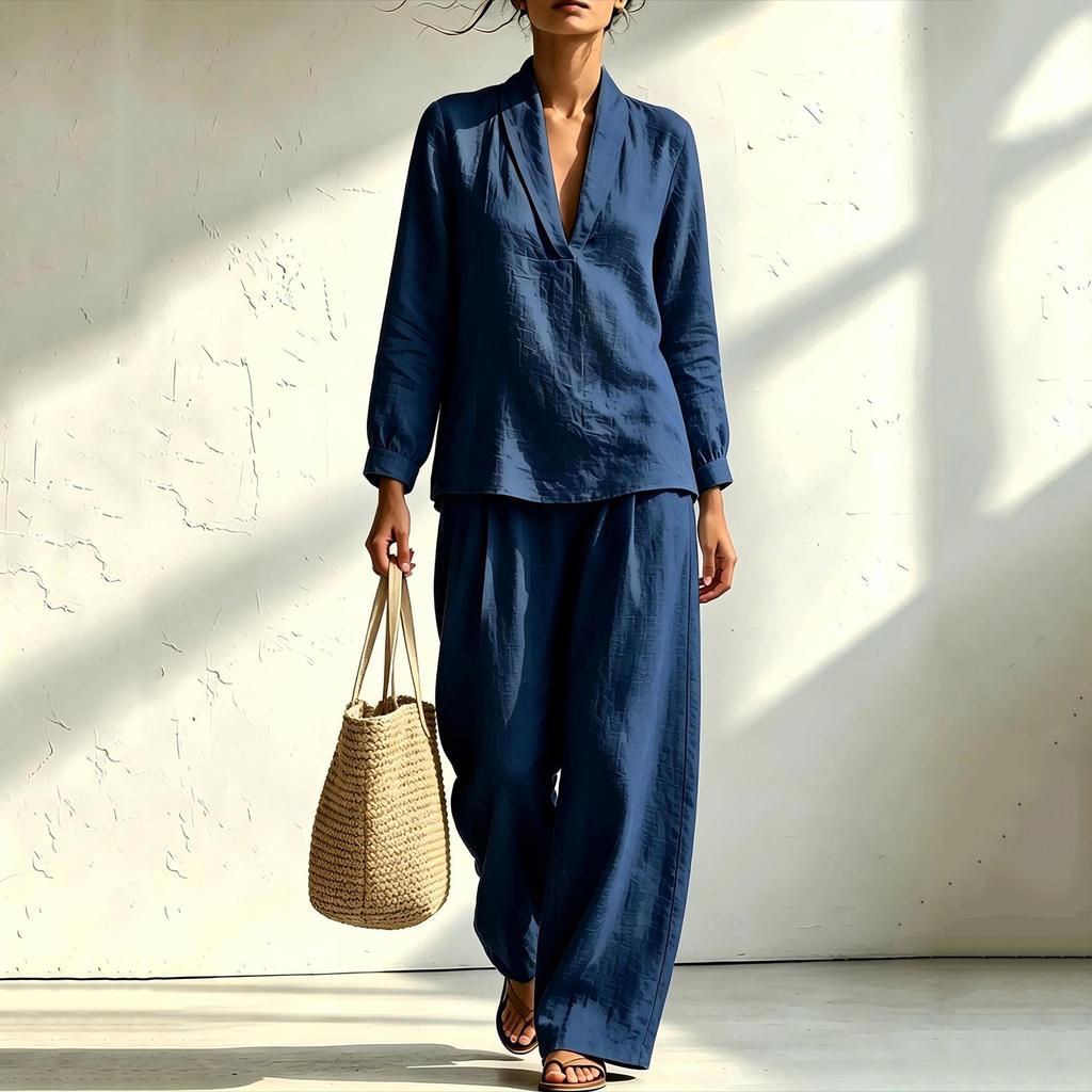 Women's 2-Piece Set, V-Neck Long Sleeve Top and Wide Leg Pants Outfit