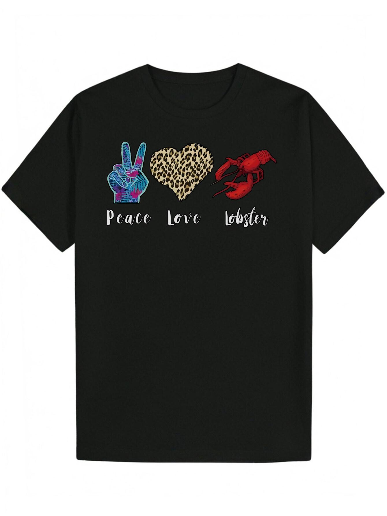 Crew Neck Polyester Animal Graphic T-shirt -  Peace Love Lobster  Design with Hand M