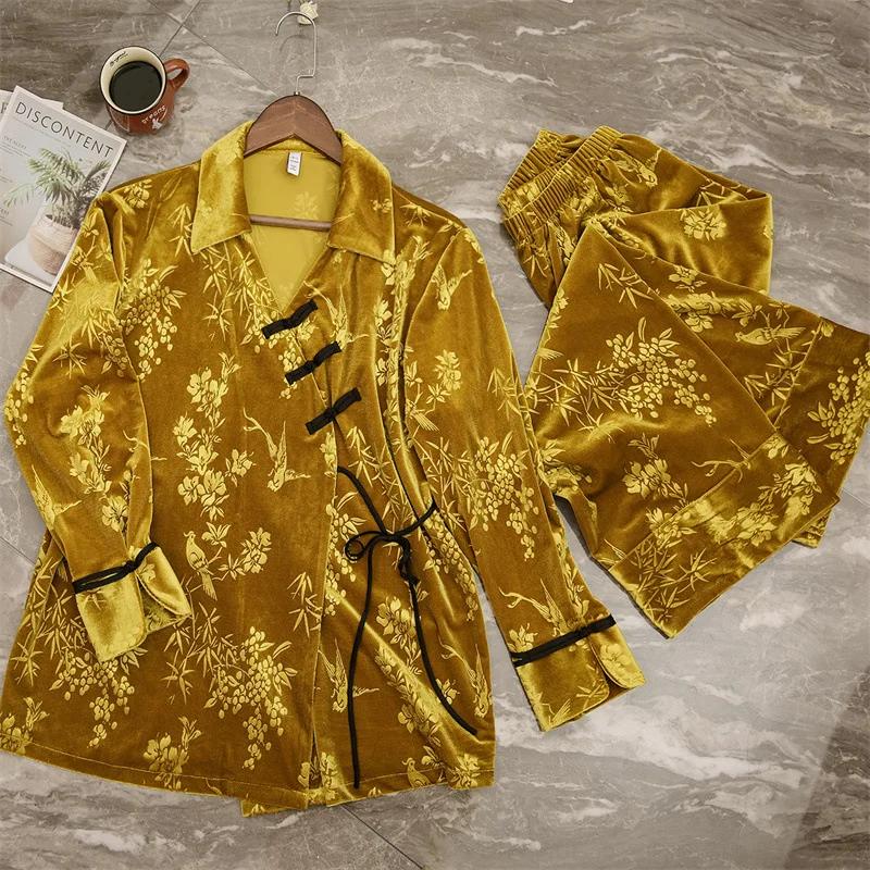 

Домашний костюм с длинным рукавом из 2 предметов, жаккардовая велюровая домашняя одежда, винтажная одежда в китайском стиле, женская теплая зимняя пижама, женские пижамные комплекты M