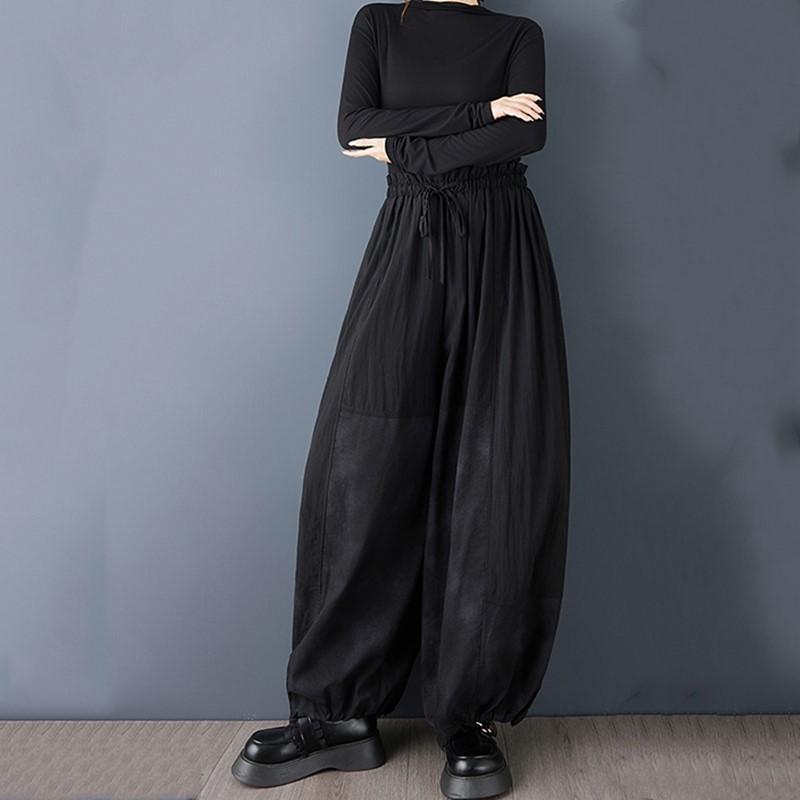Plus Size Black Vintage High Waist Casual Loose Spring Autumn Wide Leg Pants Women Trousers