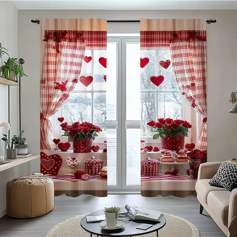 Set Of 2 Valentine Day Love Curtains Design Privacy Protection Suitable Decoration Various Scenarios Curtain With Pole Pocket Polyester