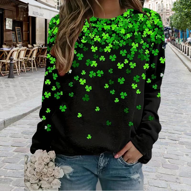 

Топы для женщин, футболка с 3D принтом Lucky Clover, круглым вырезом и длинными рукавами, осенний повседневный тонкий пуловер, женский топ с длинными рукавами S чёрный