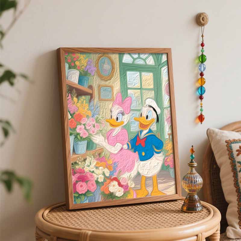 Disney Oil Painting by Numbers Art Kit for Donald and Daisy Duck Flower Shop. Handmade Diy Painting Home Decoration Gifts
