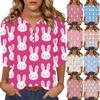 Top Camisa Feminina Fashion e Casual com Estampa de Coelho e Ovos de Páscoa, Gola V, Botões, Manga Três Quartos