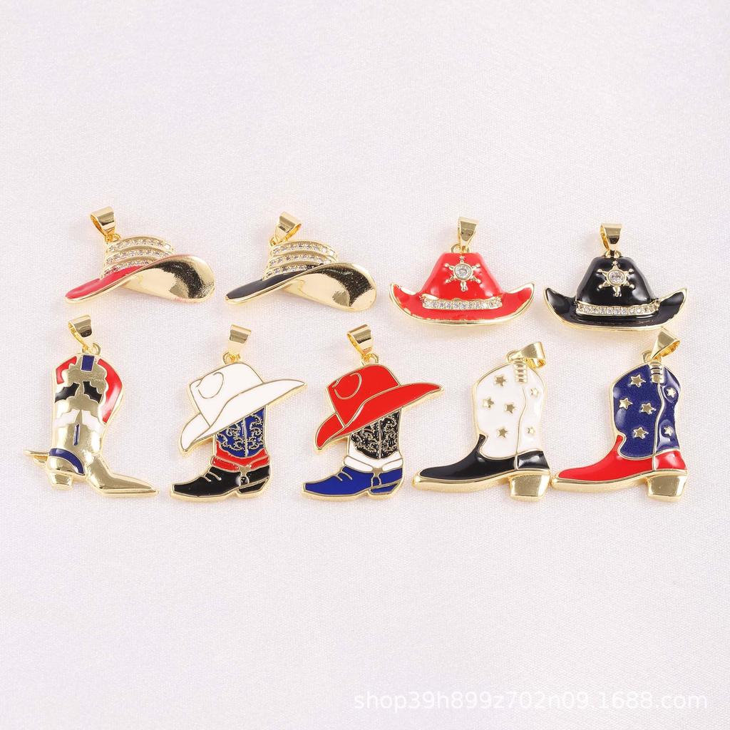 European-American Style Zircon-Inlaid Cowboy Hat Pendant and Boots Accessory in Copper Gold-Plated Necklace with Colorful Dripping Oil.