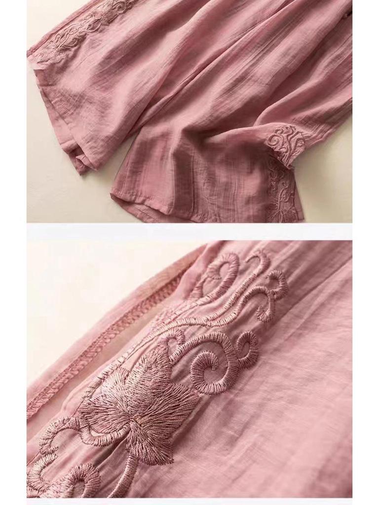 Retro Embroidered Tencel Wide-Leg Pants - Women’s High-Waist Summer Casual with Slit Tassel Details.