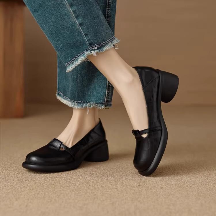 Pantofi simpli cu vârf rotund retro franțuzesc, cu gură adâncă, nou versatil de primăvară și toamnă 2024, toc gros, talpă groasă, toc gros, pantofi de damă cu toc înalt pentru navetă