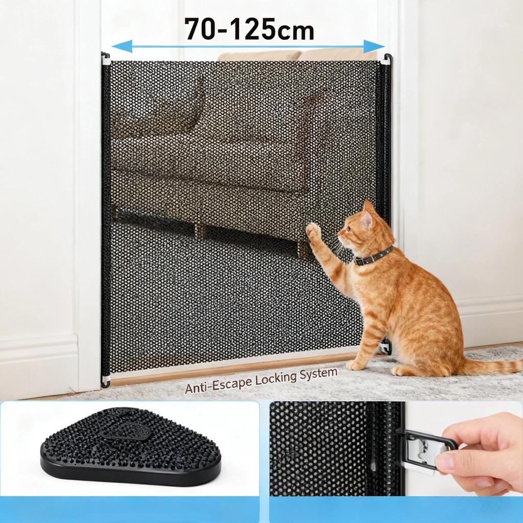 Retractable Cat Gate Anti-Jump Pet Fence - Adjustable Indoor Barrier for Cats with Walk-Through Door