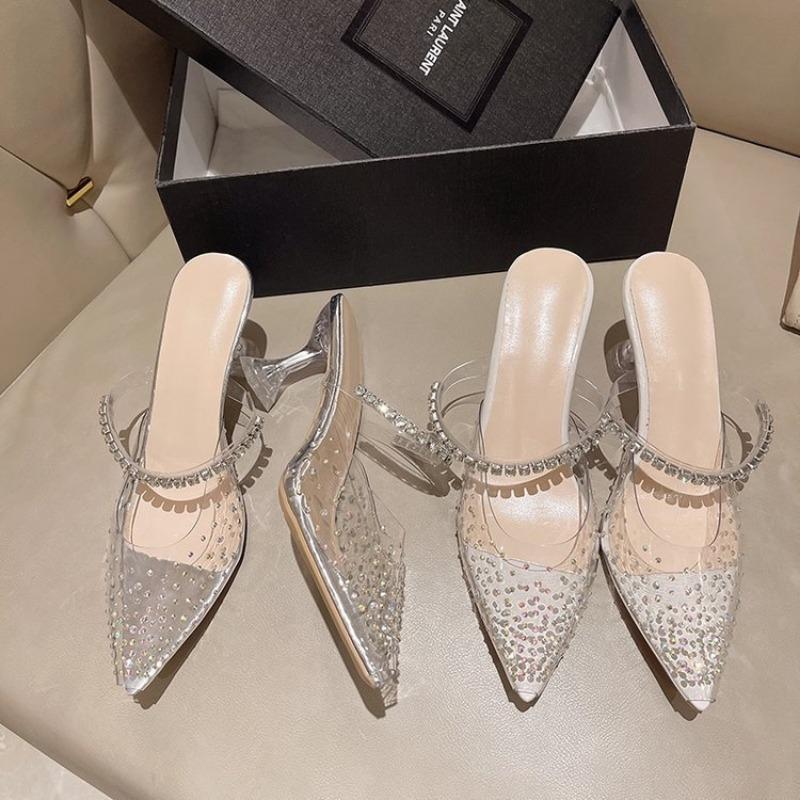 Sommermode Oberbekleidung spitze Strass quadratische Schnalle High Heels Damen transparente Wort mit Stiletto Pantoletten