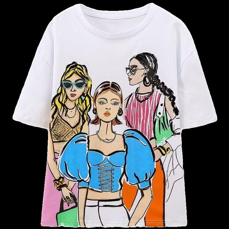 European American Summer New Women's Clothing Loose Ins Trendy Round Neck Girl Print Casual Short Sleeve T-shirt 0264357 250