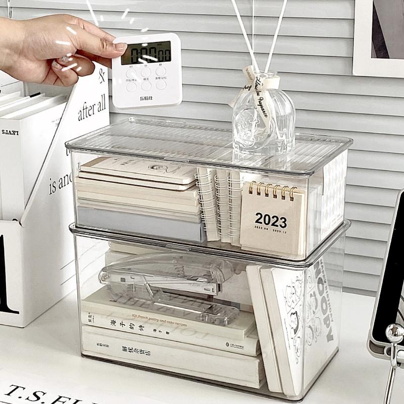 Multi Tier Clear Storage Box With Lid Stackable Desktop Organizer For Office Documents Books And Small Household Items
