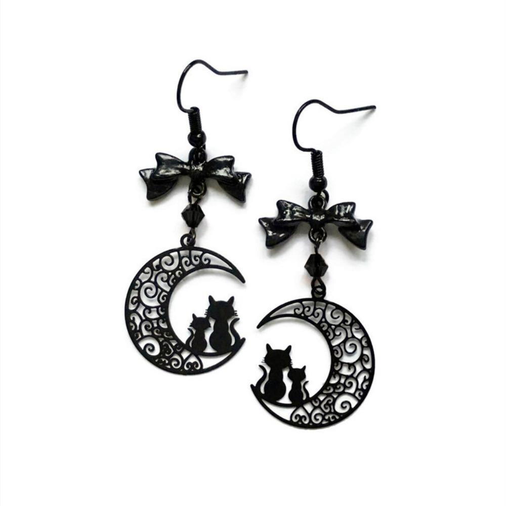 Charm Gothic Black Bowknot Hollowed-out Crescent Moon Kitten Dangle Earrings for Women Halloween Party Witch Jewelry Accessories
