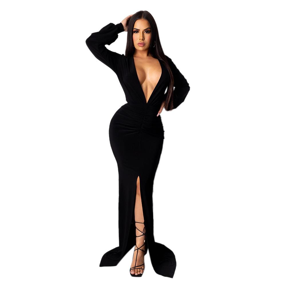 

Solid Color V-Neck Slim Sexy Women s Evening Gown Extra Large чёрный