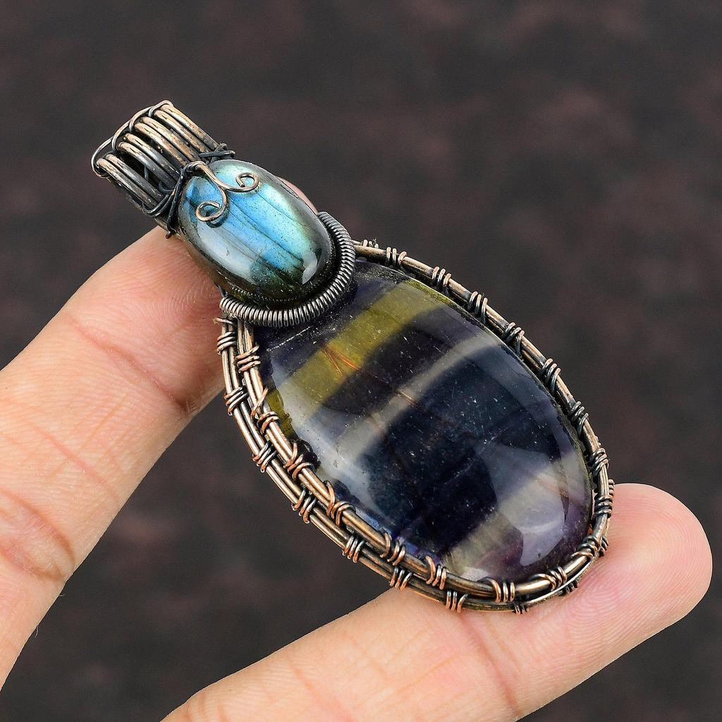 Multi Fluorite Copper Pendant Wire Wrapped Pendant Natural Gemstone Jewelry Labradorite Pendant Copper Jewelry Handmade Pendant Gift For Her
