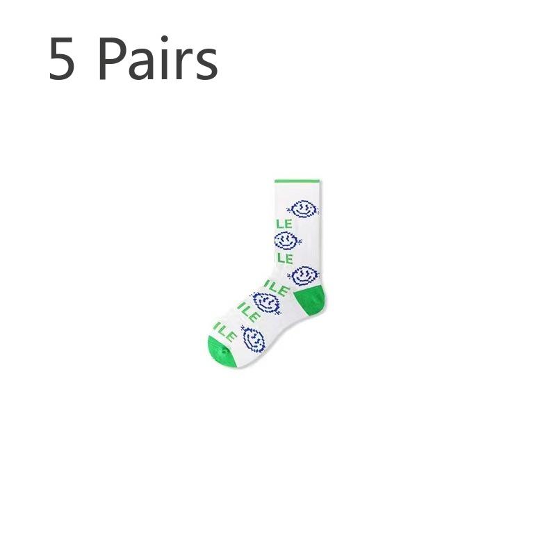 5 Pairs of Women's Spring and Autumn Tide Color Contrast Sports Casual Small Fresh Green Mid Tube Socks