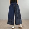 Plus Size Vintage Floral Patchwork High Waist Casual Loose Women Spring Summer Jeans Denim Wide Leg Pants