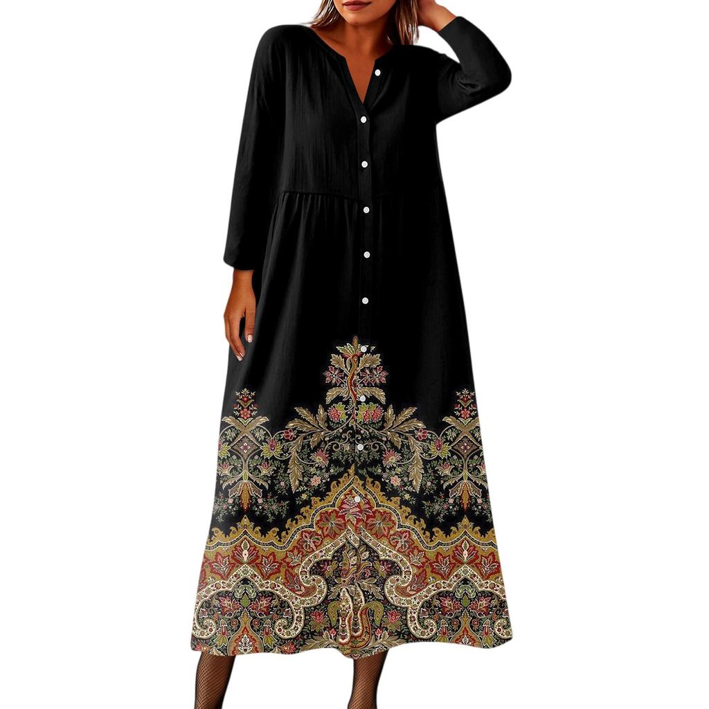 Women's Fashionable Printed Round Neck Seven Quarter Sleeve Button Loose Shirt Dress