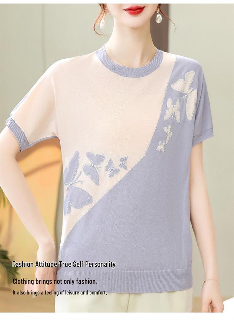 Summer Women's Knit Short-Sleeved Base Layer Top - Stylish for Young Moms & Middle-Aged Women