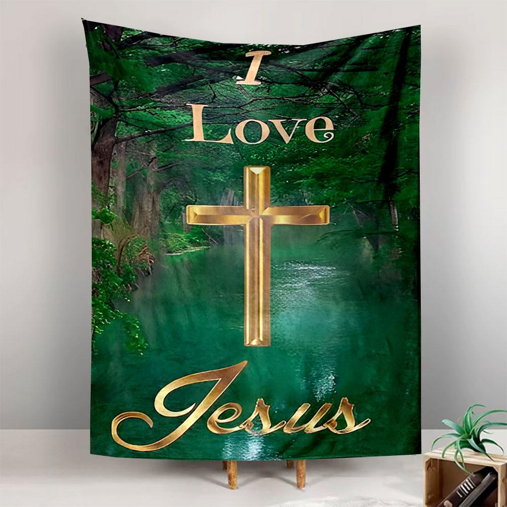 I Love Jesus Golden Cross Forest River Wall Tapestry Christian Faith Art Decor for Bedroom Living Room Church Gift