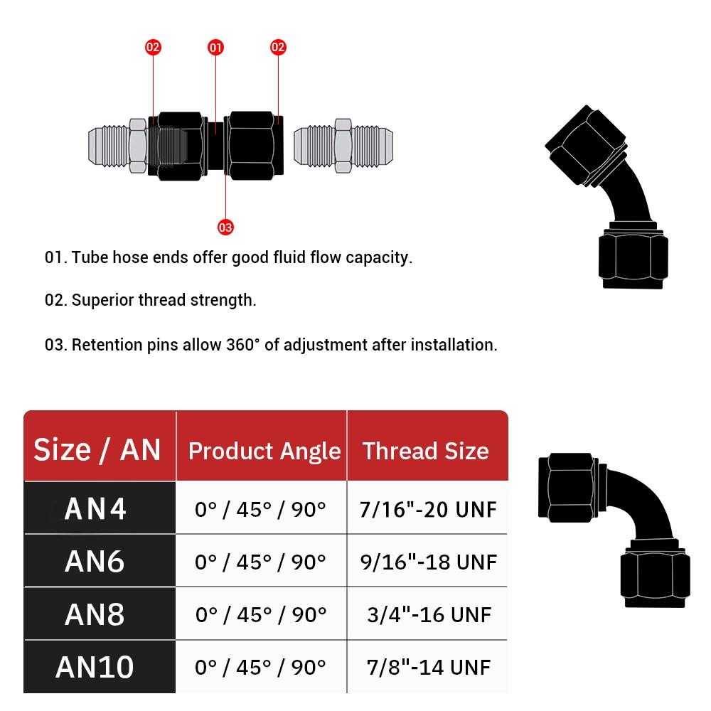 AN4/AN6/AN8/AN10 Unión Hembra a Hembra Recta 0°/45°/90° Grados Adaptadores de Racor Giratorio para Extremo de Manguera Aluminio Anodizado Negro