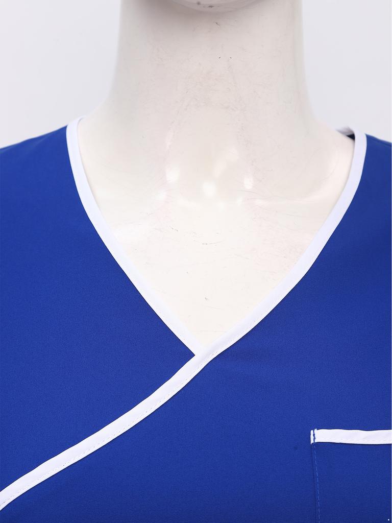 Damen Medizinischer Einteiler Jumpsuit Kurzarm Kordelzug Taille Elastischer Rücken Reißverschluss Taschen Arbeitskleidung
