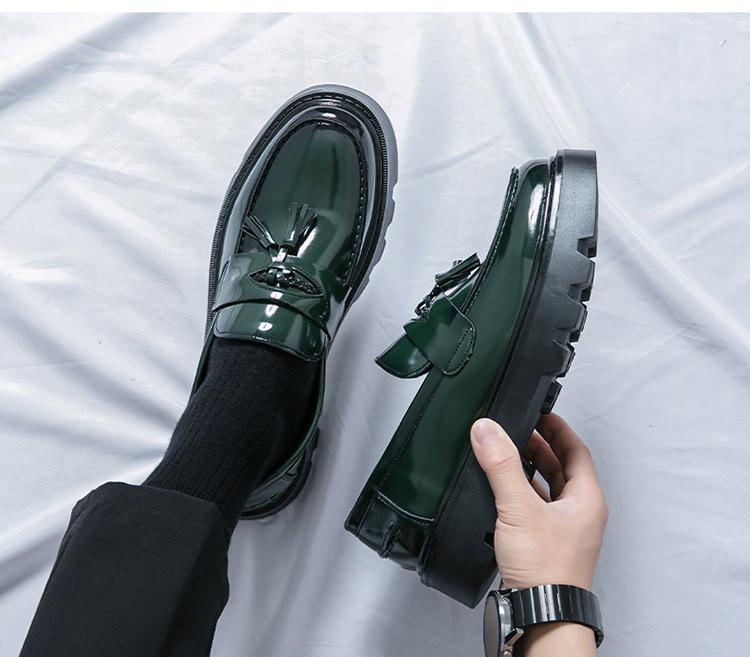 Men's Shiny Tassel Pointed Toe Leather Slip-On Loafers with Thick Sole - Plus Size Formal Casual Shoes