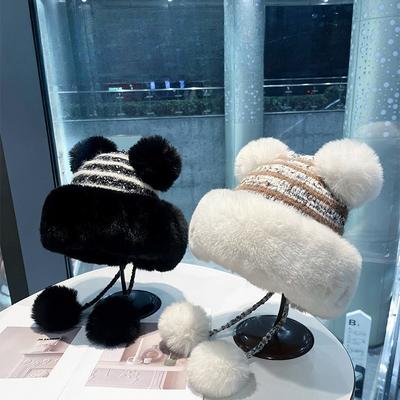 Cute Bear Wool Ball Plush Hat for Women In Autumn and Winter Thickened Warm Knitted Lei Feng Hat for Students Cold Protection Ear Protection Hat